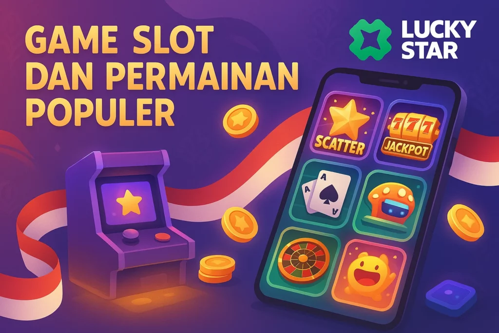 Tampilan ilustrasi aplikasi Lucky Star yang menampilkan game slot populer, kasino langsung, dan permainan arcade, dengan ikon simbol gacor dan gaya visual resmi Lucky Star.
