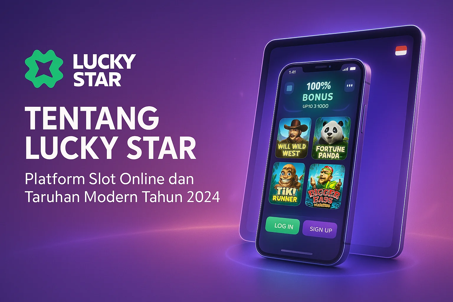 Ilustrasi antarmuka aplikasi Lucky Star tahun 2024 yang menampilkan slot online modern, login aman, dan visual promosi dengan gaya warna resmi Lucky Star.