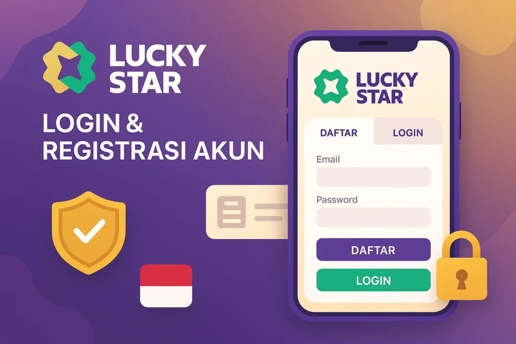 Ilustrasi proses login dan registrasi akun di aplikasi Lucky Star, menampilkan formulir email dan kata sandi, tombol masuk dan daftar, dalam gaya visual resmi Lucky Star.